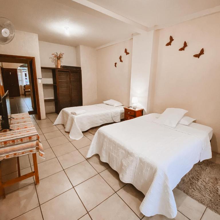 a hotel room with two beds and birds on the wall at LOS BALCONES PUYO in Puyo