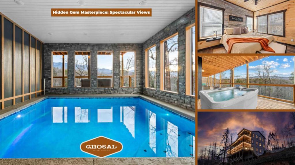 a collage of photos of a house with a swimming pool at Hidden Gem Masterpiece By Ghosal Luxury Lodging in Gatlinburg
