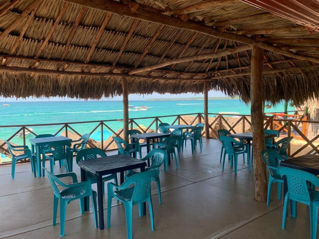 WonderBeach Baru Raquel في بارو: صف من الطاولات والكراسي على الشاطئ