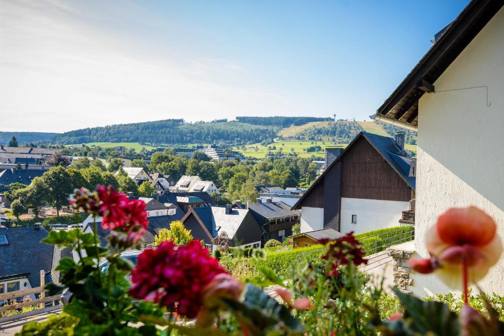 - une vue sur une ville avec des fleurs au premier plan dans l'établissement Haus Quentin, à Willingen