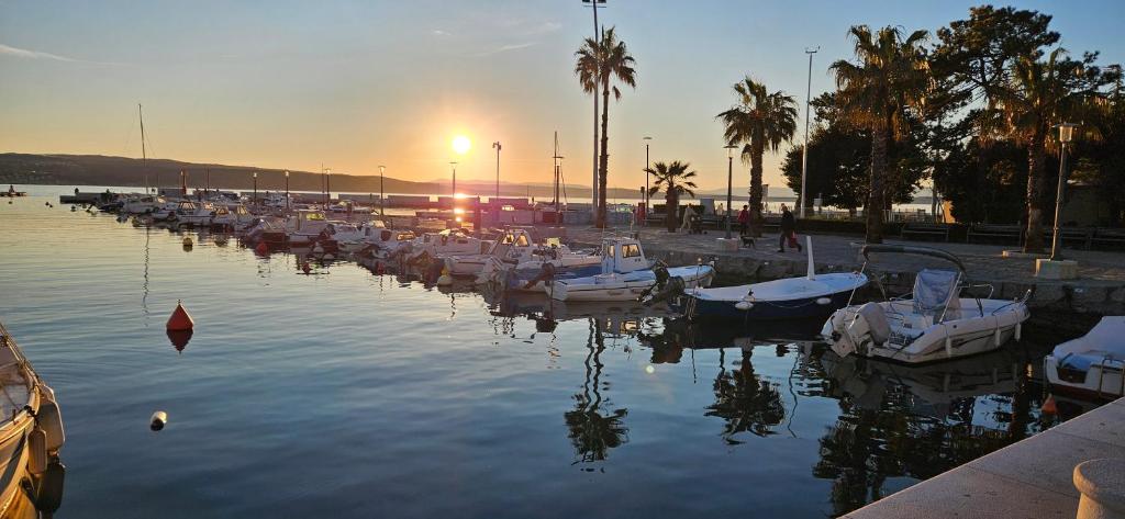 a group of boats docked in a marina at sunset at Apartment Mare in Crikvenica