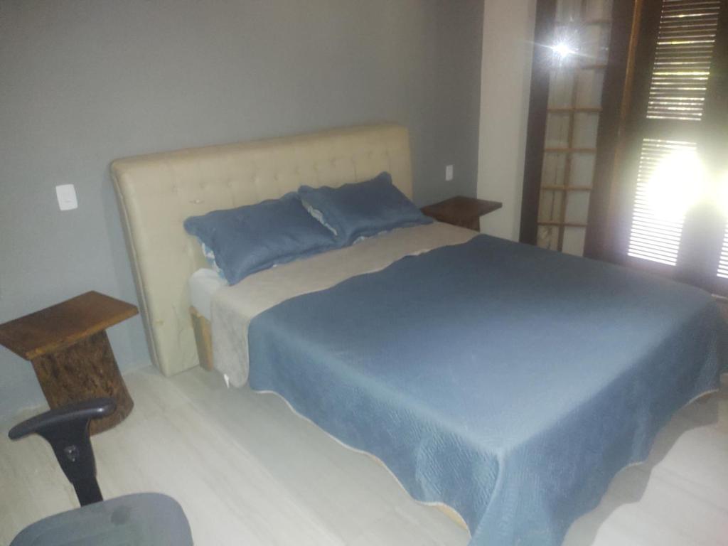 1 dormitorio con 1 cama grande con almohadas azules en Casa da montanha, sítio em Secretário (Petrópolis) en Petrópolis