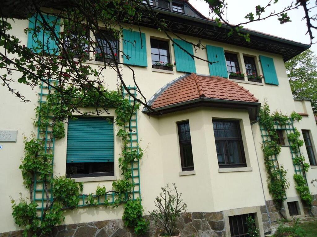 um edifício branco com persianas azuis em in the musicians' quarter em Radebeul