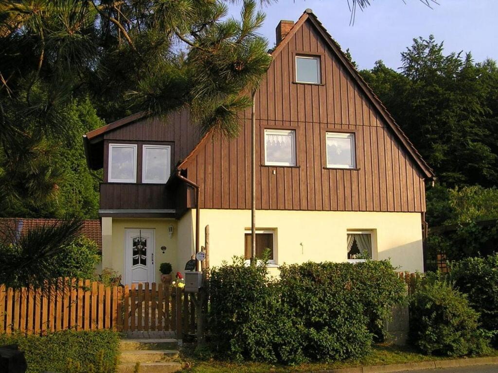 uma grande casa branca com um telhado castanho em FeWo Bielsteinblick em Wernigerode