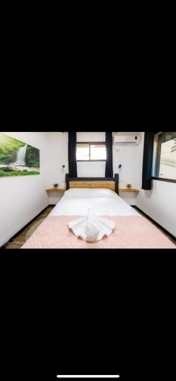 a bed in a room with two windows at הוילה הסודית שלי in Kefar H̱ananya