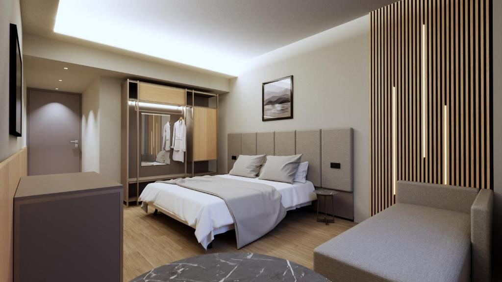 奧佩拉的住宿－Acca Sporting Milano - AA Hotels，卧室配有一张白色大床和一把椅子