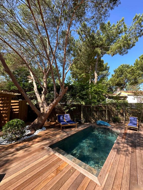 a pool on a wooden deck with two chairs and a tree at La Villa Familiale La Palmyre in Les Mathes