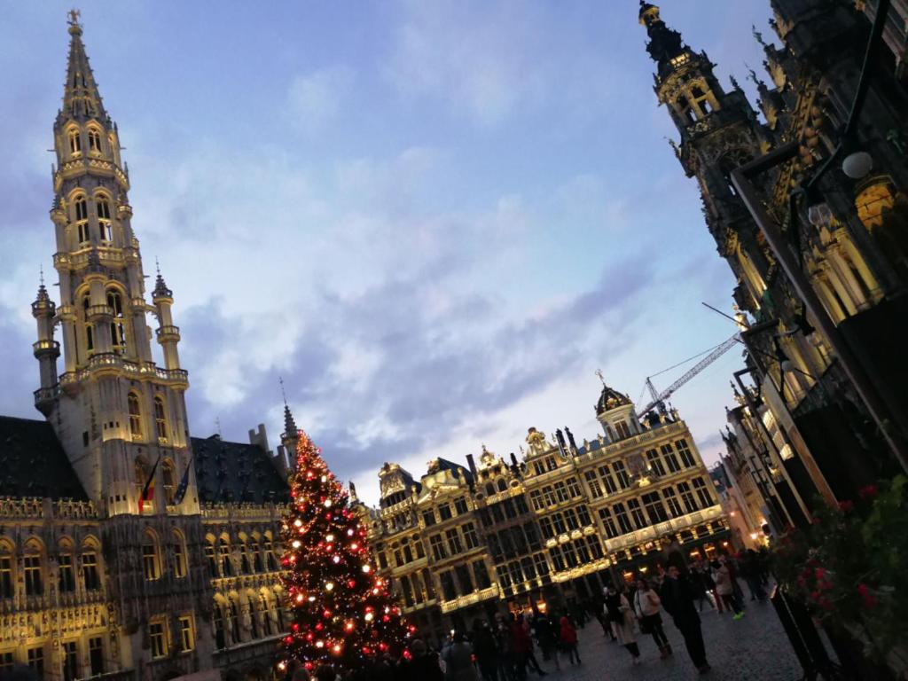 ein Weihnachtsbaum vor einem großen Gebäude in der Unterkunft Sweet Dream House in Brüssel