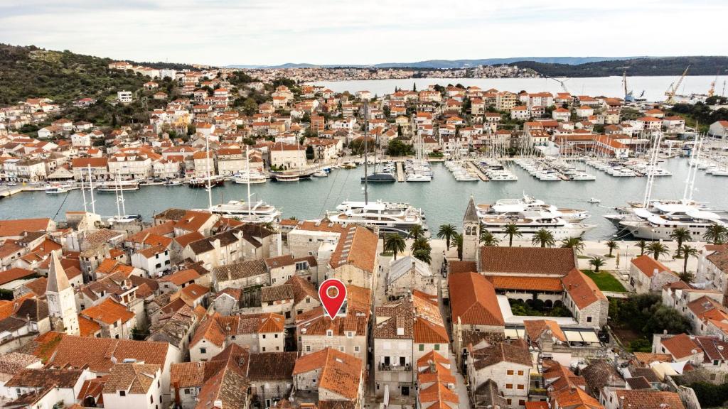 an aerial view of a harbor with boats at Villa Fontana in Trogir