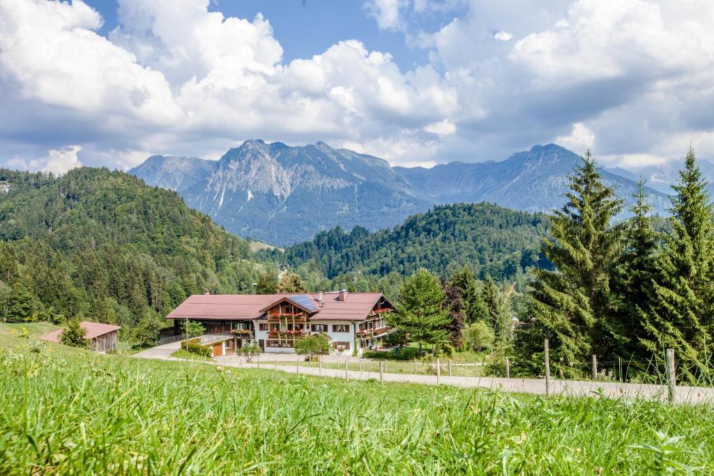 una casa en una colina con montañas en el fondo en Winkelhof en Oberstdorf