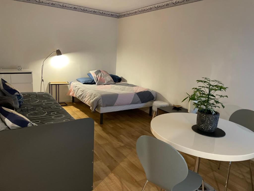 1 dormitorio con 1 cama, mesa y sillas en Manuezen studio très fonctionnel au calme, en Vesoul
