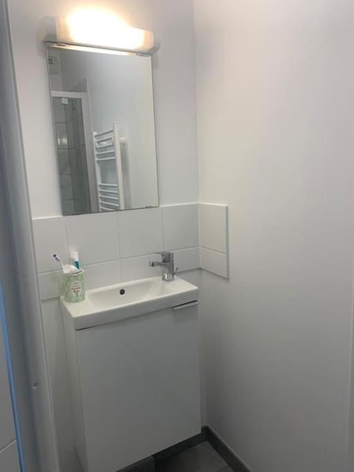 ein weißes Badezimmer mit einem Waschbecken und einem Spiegel in der Unterkunft Grand Appartement Proche Paris Idéal Paris 2024 in Ivry-sur-Seine