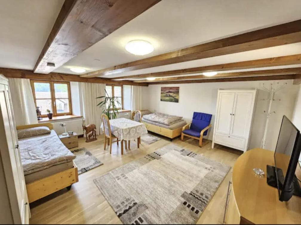 ein Wohnzimmer mit einem Sofa und einem Tisch in der Unterkunft Schwarzwald Ferienwohnung Monteure in Görwihl