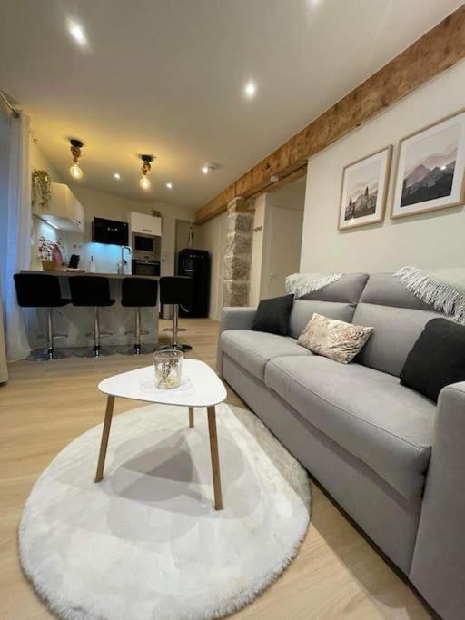 un salon avec un canapé et une table dans l'établissement Magnifique T2 -Au creux du Jura- Saint Claude, à Saint-Claude