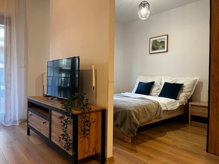 um quarto com uma cama e uma televisão de ecrã plano em Apartament Nadmotławie Old Town em Gdansk