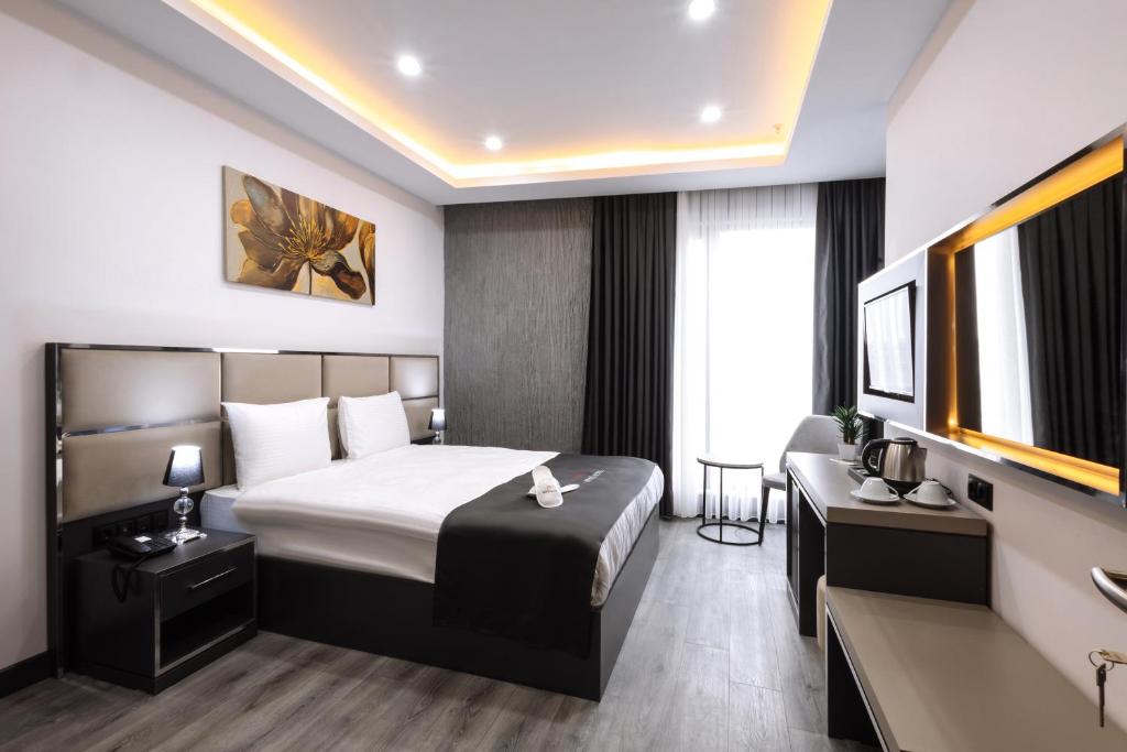 una camera d'albergo con letto e scrivania di Meyzi Hotel a Istanbul