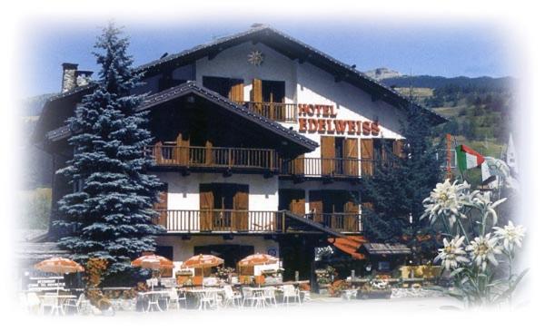 チェザーナ・トリネーゼにあるHotel Edelweiss & SPAの目の前にテーブルと傘が置かれた大きな建物