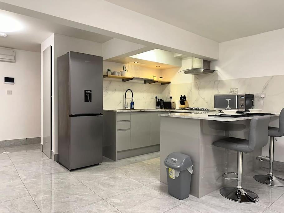 Central entire studio apartment في لندن: مطبخ كبير مع كونتر وثلاجة