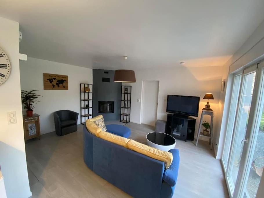 salon z niebieską kanapą i telewizorem w obiekcie Maison avec terrasse w mieście Fesches-le-Châtel