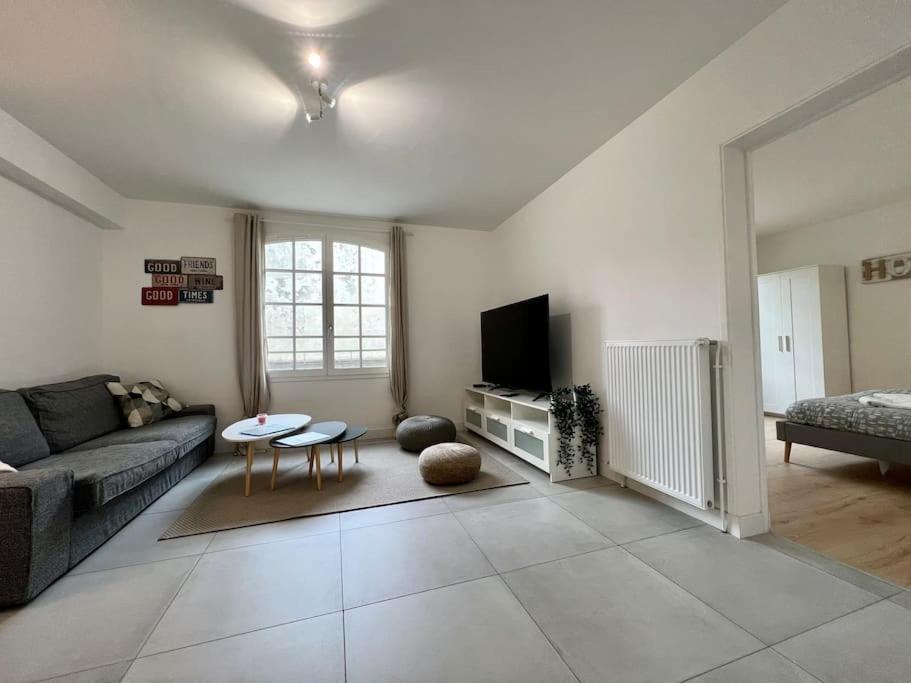 ein Wohnzimmer mit einem Sofa und einem TV in der Unterkunft Cosy Appartement Montferrand tout équipé 6prs 27 Languedoc in Clermont-Ferrand