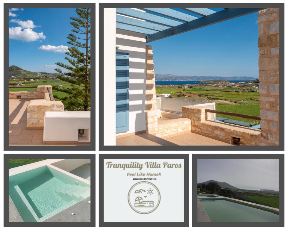 a collage of photos with a pool and a window at Paros Tranquility Villa in Dhragoulás
