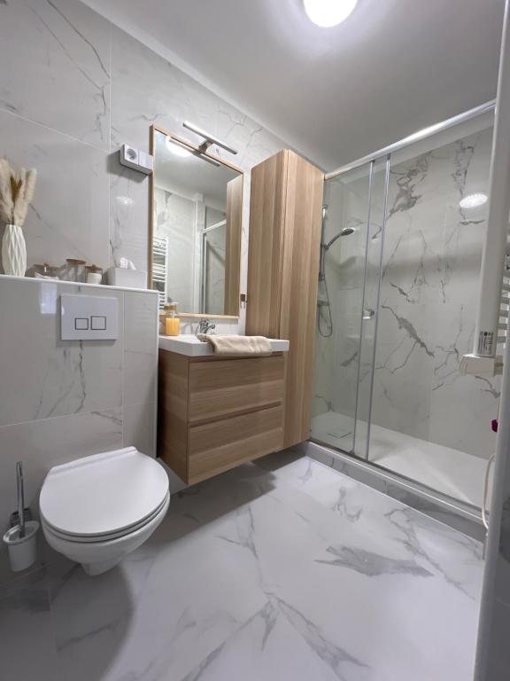 uma casa de banho branca com um WC e um chuveiro em La cossonade em Menton