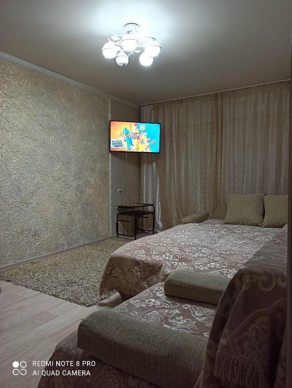 een slaapkamer met 2 bedden en een flatscreen-tv bij Nayrizbai batira 2 in Alma-Ata