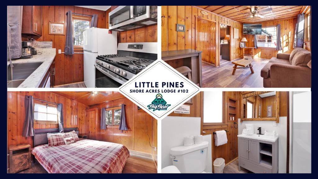 a collage of pictures of a tiny house at Little Pines Couples Lakeside Cabin by Big Bear Vacations in Big Bear Lake