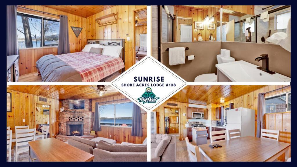 a collage of three pictures of a tiny house at Sunrise Lakefront Family Cabin by Big Bear Vacations in Big Bear Lake