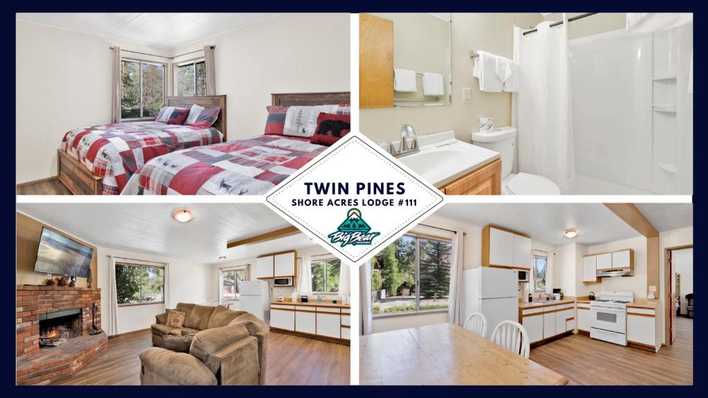 a collage of three pictures of a bedroom and a bathroom at Twin Pines Family Cabin by Big Bear Vacations in Big Bear Lake