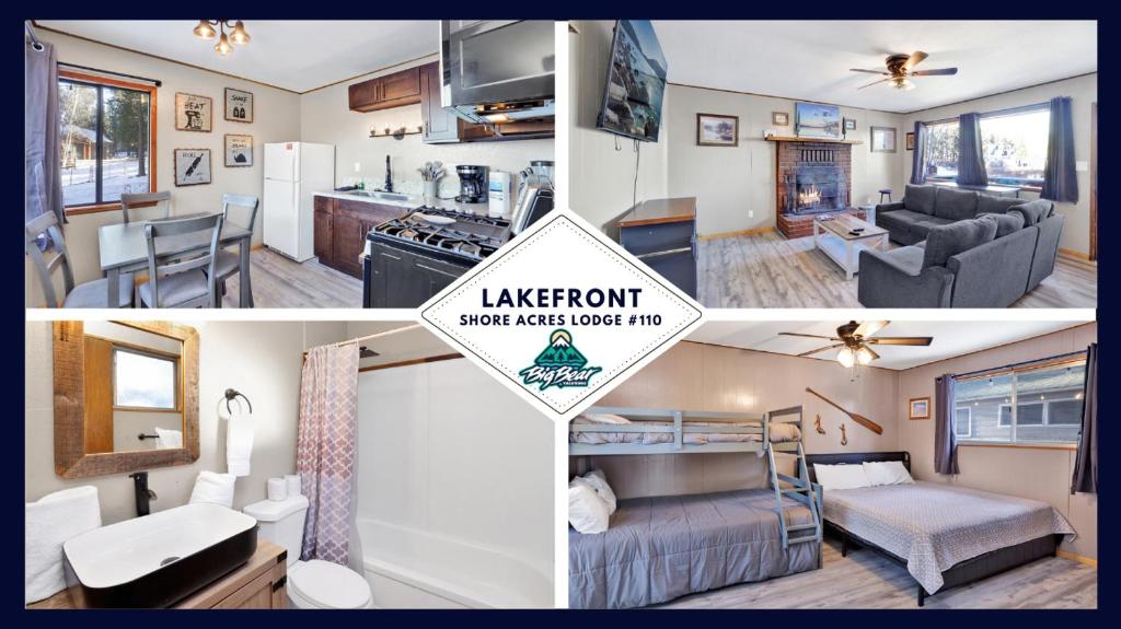 a collage of pictures of a kitchen and a living room at Lakefront Family Cabin by Big Bear Vacations in Big Bear Lake