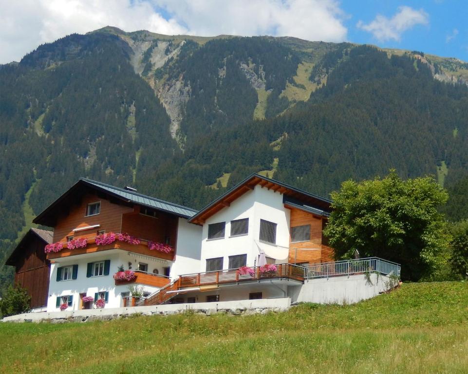 a house on a hill with mountains in the background at Appart Enzian in Gaschurn