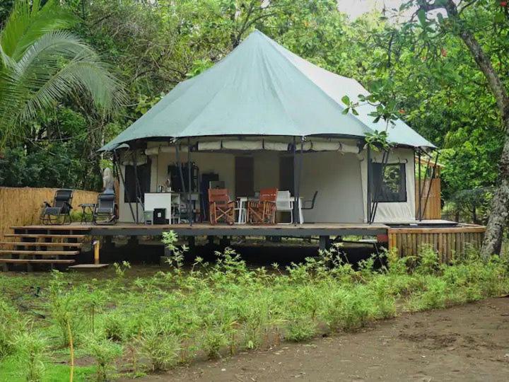a gazebo with a tent in a forest at Two bedroom tent on the beach private plunge pool in Matapalo