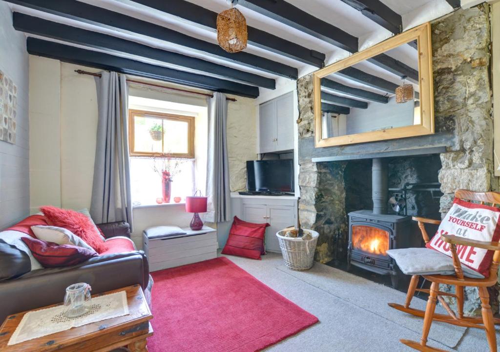 a living room with a couch and a fireplace at Mynydd Annedd Cottage in Beddgelert