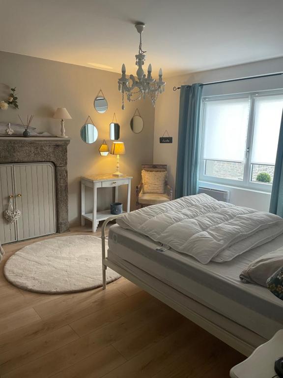 a bedroom with a bed and a fireplace and a chandelier at le gite de sandrine in Réville