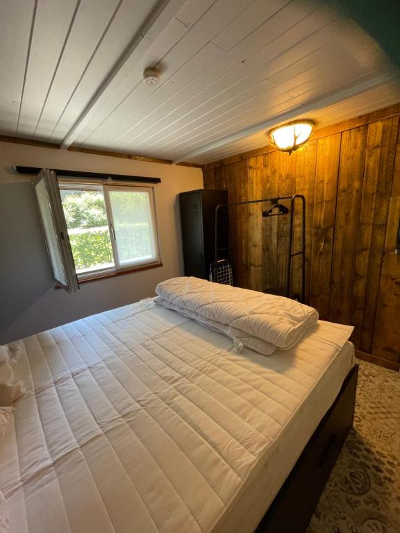 ein Schlafzimmer mit einem großen Bett in einem Zimmer in der Unterkunft Chalet 9 La Boverie in Rendeux