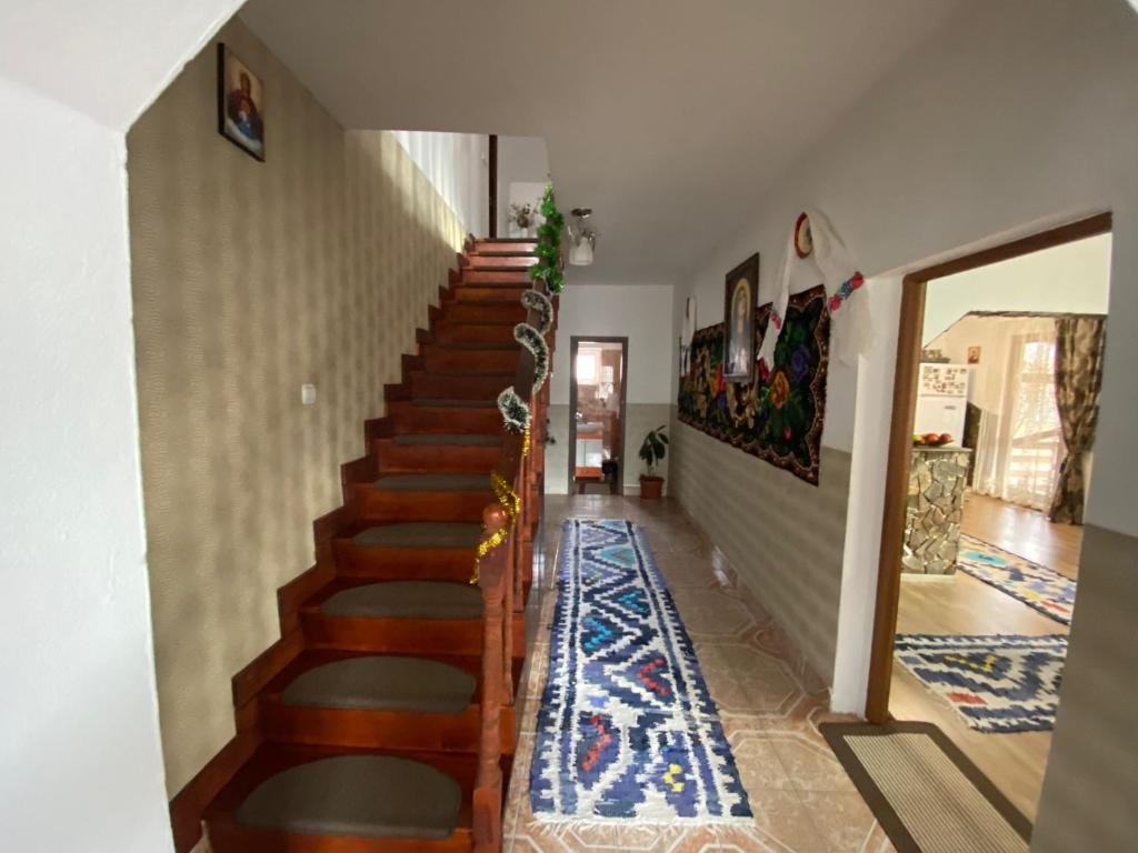 a hallway with a staircase with a rug at Pensiunea Casa Andrei in Bîrsana