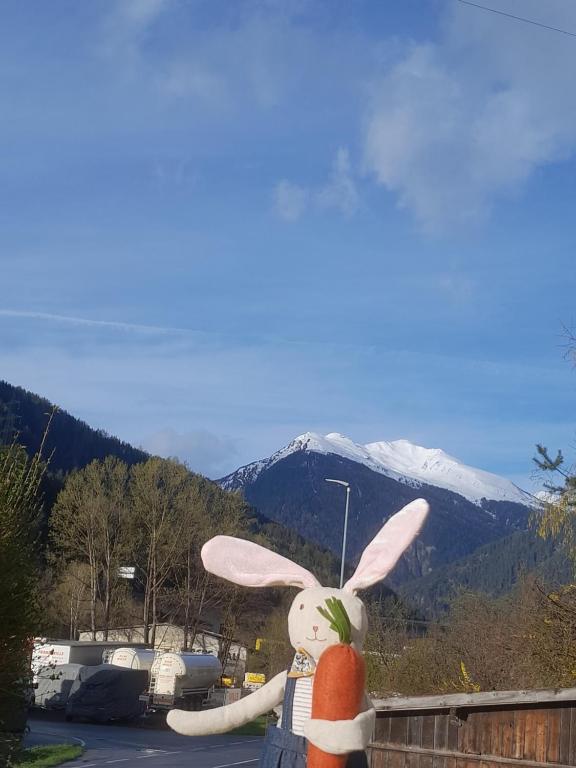 a stuffed rabbit standing on a fence with a snow covered mountain at Haus Hotz in Landeck