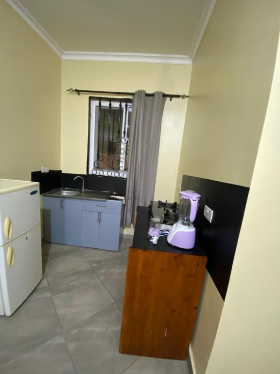 una cocina con una barra con una licuadora. en Homeaway4m home en Dar es Salaam