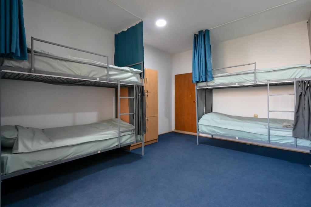 two bunk beds in a room with blue carpet at Hostel Best Skopje in Skopje