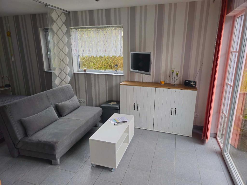 - un salon avec un canapé et une télévision dans l'établissement Ferienappartement Marx, à Lütz