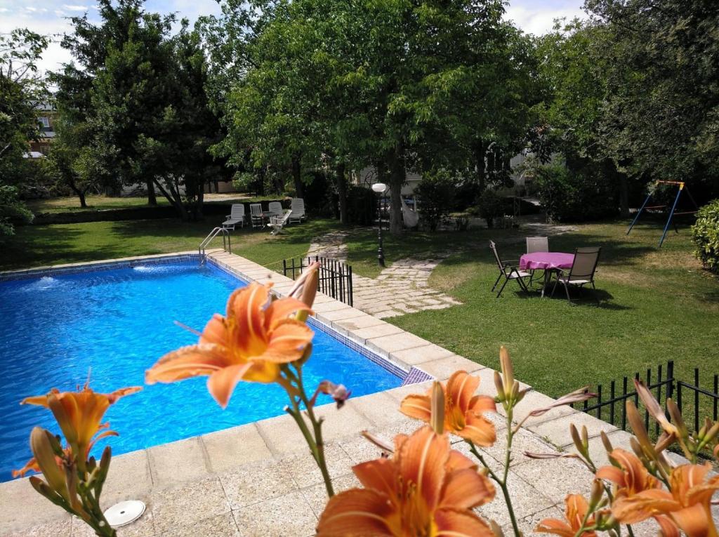 a swimming pool with orange flowers next to a yard at Family home with pool and large garden in Becerril de la Sierra