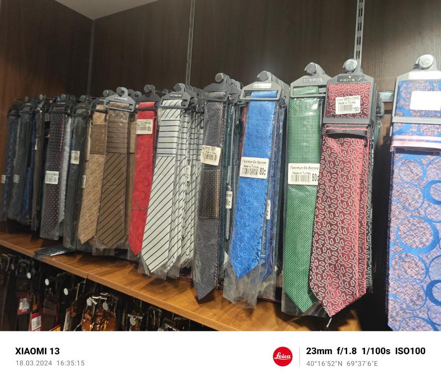 a row of different colored ties on a shelf at Suit 3 cabin in Khujand