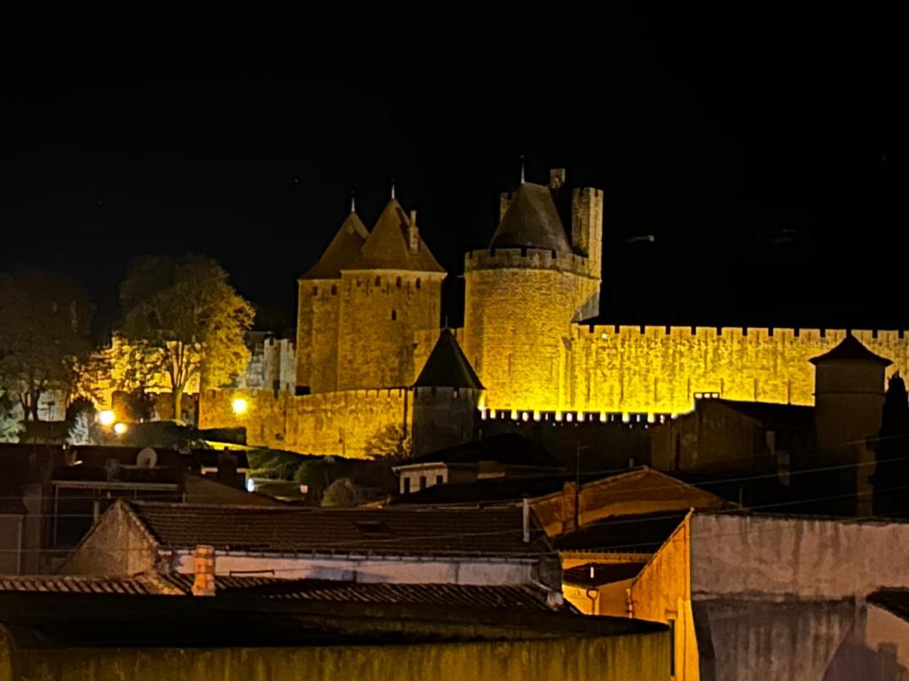 a large castle is lit up at night at la porte medievale in Carcassonne