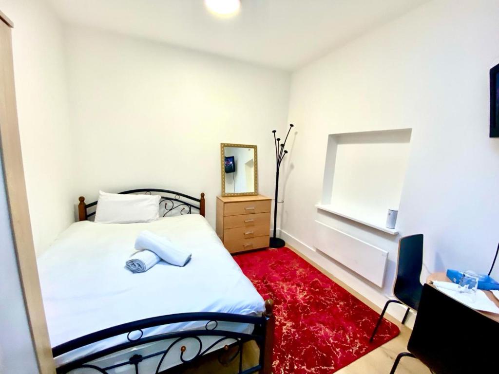 um quarto com uma cama com um espelho e um tapete vermelho em Lovely Cosy Studio Apartment Ground Floor In Central London em Londres