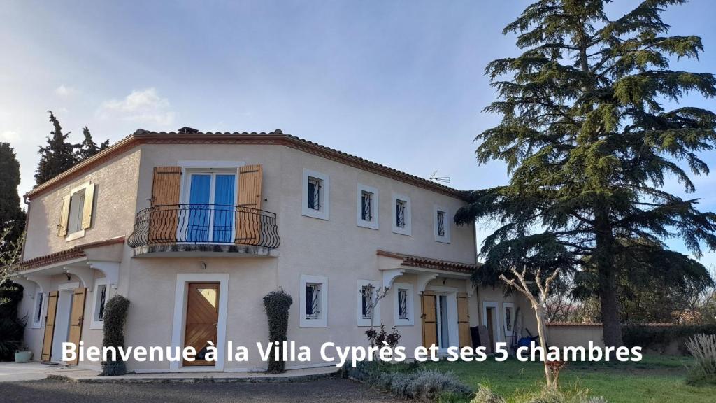 une grande maison blanche avec un palmier dans l'établissement Villa Cyprès 5 chambres aires de jeux, forêt, accessibilité PMR, à Lauraguel