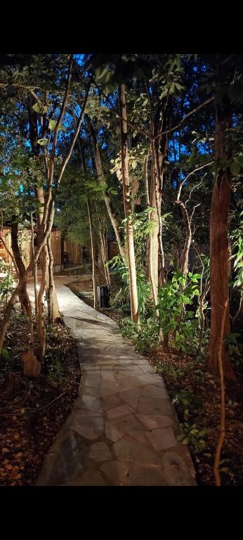 a stone path through a forest with trees at Cantinho do Cerrado in Pirenópolis