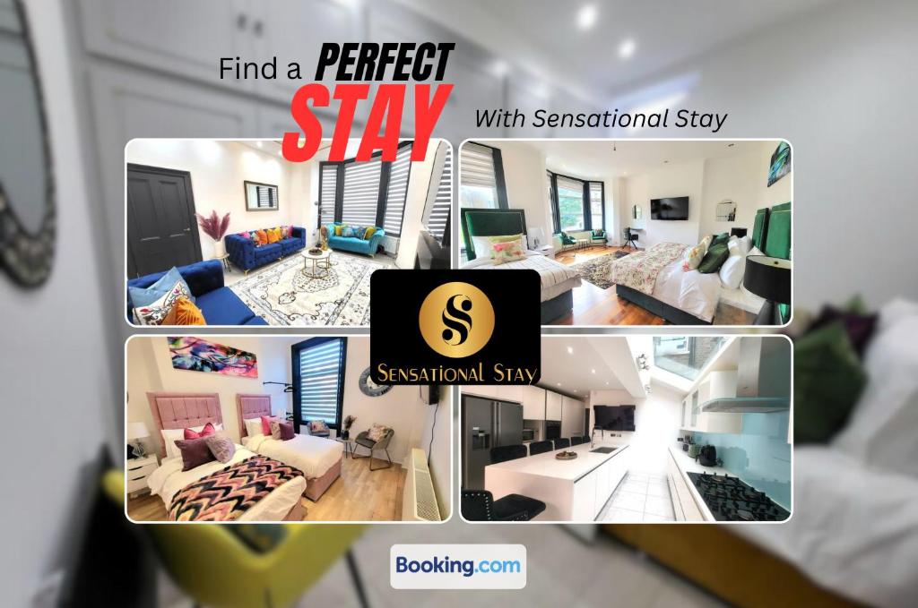 a collage of photos of a living room and areact stay with sash at Spacious Six Bedrooms House By Sensational Stay Short Lets & Serviced Accommodation With 13 Beds, Free Parking, Free Wi-fi & Balcony in London