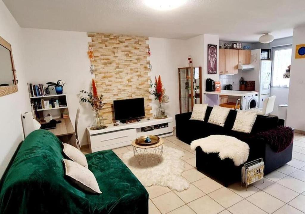 uma sala de estar com um sofá verde e uma televisão em Appartement cosy et lumineux à St Estève avec belle vue em Saint-Estève