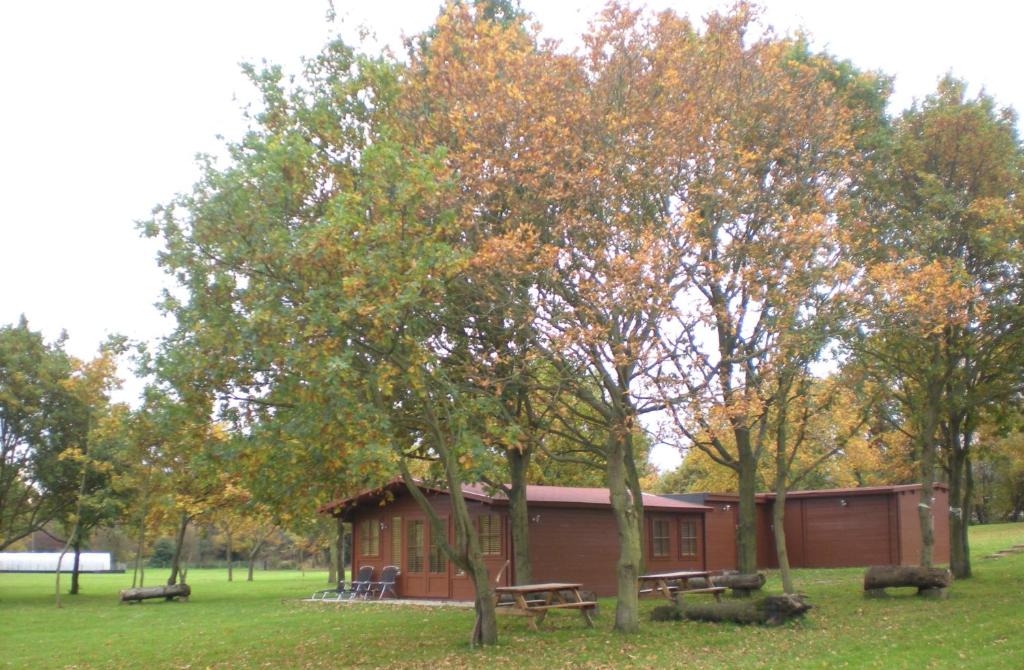 a small cabin with a picnic table and trees at Cabin in the countryside in Sible Hedingham